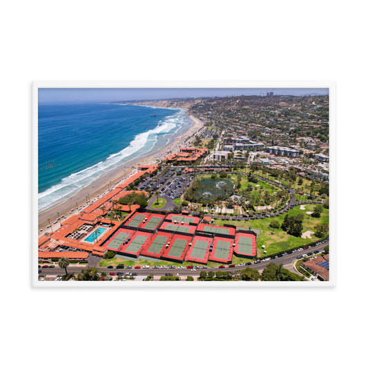 Red tennis courts, the Beach Club, and the broad beach at La Jolla Shores share this expansive coastal view; white frame, 24 × 36 inches.