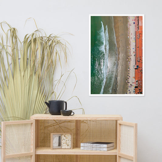 An overhead view of summer at La Jolla Shores, where pale sand meets bands of green ocean water; white frame, 24 × 36 inches.