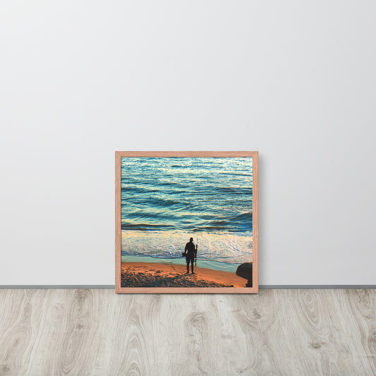 A spearfisher stands at the water's edge at Windansea, with ocean light filling the background in La Jolla; wood frame, 18 × 18 inches.